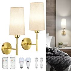 two lamps are next to each other on the wall and in front of a bed