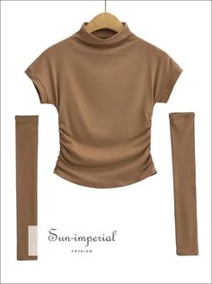 Women Turtleneck Ruched Short Sleeve Tank Top With Long Gloves Detail Sun-Imperial United States Fitted Beige Ruched Top, Fitted Brown Ruched Top, Beige Ruched Stretch Top, Winter Ruched Fitted Tops, Winter Fitted Ruched Tops, Fitted Ruched Tops For Winter, Beige Stretch Elastane Tops, Stretch Beige Tops In Elastane, Beige Stretch Tops In Elastane