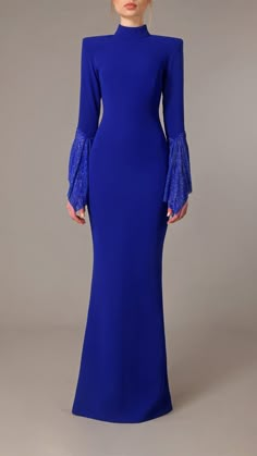 Description Blue Column, Long dress Fitted, Long Sleeves Closed neckline Crepe Dry Clean Evening Dress Made in Lebanon  SKU 600-6-25 Long Sleeve High Neck Dress, Slavic Style, Race Day Outfits, Timeless Outfits, Long Sleeves Dress, Middleton Style, Royal Blue Dress, Midi Dress Style, Elegant Dresses Classy