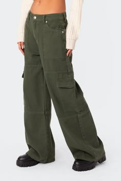 PRODUCT INFO Cargo pants Military style pockets Button closure Denim fabric 100% Cotton Model wears size S Model height is 5'9 Item care: Wash with similar color September Birthday Outfit, Styling Cargos, Cargo Pants Back, Dickies Pants Outfits, Olive Outfits, Dickies Pants Outfits Women, Olive Cargo Pants, Colored Pants Outfits, Green Cargos