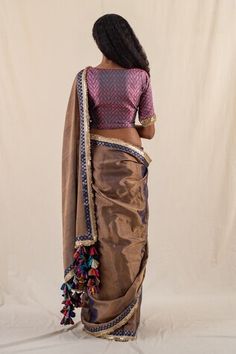 Baingani silk chanderi tissue saree featuring multicolour tassels on the palla. Accompanied by an unstitched blouse piece., Fit: Relaxed Tissue Saree, Border Saree, Purple Silk, Blouse Piece, Aza Fashion, Tassels, Saree, Silk, Purple