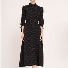 Flared Dress With Starts Print Long Sleeves Size Small Summer Evening Button-up Shirt Dress, Collared Black Midi Dress For Work, Black Collared Midi Dress For Work, Black Midi Shirt Dress For Formal Occasions, Summer Evening Button-up Dress, Casual Long Sleeve Shirt Dress For Evening, Elegant Black Shirt Dress For Daywear, Collared Black Midi Dress For Summer, Black Collared Midi Dress For Summer