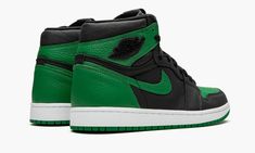 The Air Jordan 1 High “Pine Green” is the high-top version of Michael Jordan’s first signature model in yet another clean color scheme.  Using the team uniform colors of the Boston Celtics as inspiration, the “Pine Green” makeup features a premium black leather base on the mid-panel, forefoot and collar.  Green leather on the Swoosh, perforated toe, ankle collar, and heel contrasts the look.  A blacked-out Wings logo can be found on the collar with contrasting red Nike Air detailing on the tongu Air Jordan 1 Pine Green, Jordan 1 Pine Green, Latest Jordans, Black Jordans, Jordan Retro 1, Exclusive Sneakers, Air Jordan Retro, Air Jordan 1 Retro High Og, Nike Dunk High