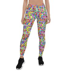 Unique, colourful and durable leggings. These polyester/spandex leggings are made of a comfortable microfiber yarn, and they'll never lose their stretch.  * Fabric: 82% polyester, 18% spandex * Fabric weight: 6.78 oz/yd² (230 g/m²) (weight may vary by 5%) * UPF 50+ * Made of a microfiber yarn, which makes the item smooth and comfortable * Four-way stretch fabric that stretches and recovers on the cross and lengthwise grains * Elastic waistband * Overlock and coverstitch * Blank product components in the US and Mexico sourced from China * Blank product components in the EU sourced from China and Lithuania This product is made especially for you as soon as you place an order, which is why it takes us a bit longer to deliver it to you. Making products on demand instead of in bulk helps reduce Stretch Multicolor Elastane Pants, High Stretch Multicolor Leggings For Gym, Multicolor Fitted Tights For Athleisure, Fitted Multicolor Elastane Leggings, Multicolor Stretch Elastane Pants, Trendy Sports Leggings With Stretch, Multicolor High Stretch Gym Leggings, Multicolor Fitted Athleisure Tights, Trendy Stretch Leggings For Sports