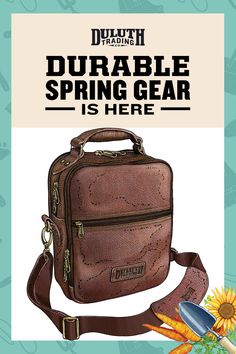 a brown leather bag sitting on top of a blue and white background with the words,'durable spring gear is here '