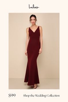 a woman in a long red dress with the words shop the wedding collection on it