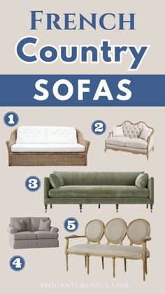 french country sofas and chairs with text overlay