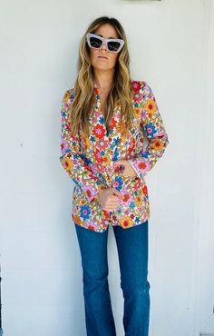 Flower power blazer | Etsy Multicolor Fall Blazer With Lapel Collar, Multicolor Spring Blazer For Work, Spring Floral Print Blazer For Work, Trendy Floral Print Spring Outerwear, Chic Printed Spring Blazer, Fitted Floral Print Summer Blazer, Floral Print Long Sleeve Blazer For Work, Trendy Floral Print Outerwear For Spring, Fitted Long Sleeve Floral Blazer