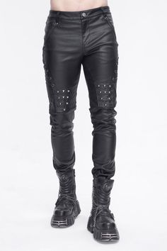 This pair of punk pants is made of spandex fabric and looks like faux leather. Detailed design with studs, lace-up on the sides, and zipper pockets. Slim-fit silhouette and slightly elastic fabric. Color:  Black Materials:  Cotton;  Spandex; Leather Notice:  Other Accessories Are Not Included Style Types:  Punk Version:  Fitted Soft Index:  Fit Elastic Index:  Good Elastic Thickness Index:  Tran Sparent Size Length (in) Waist (in) Hip (in) S 43.7 32.7 37.4 M 43.9 34.6 39.4 L 44.1 36.6 41.3 XL 44.3 38.6 43.3 2XL 44.5 40.6 45.3 3XL 44.7 42.5 47.2 4XL 44.9 44.5 49.2 Size Length (cm) Waist (cm) Hip (cm) S 111 83 95 M 111.5 88 100 L 112 93 105 XL 112.5 98 110 2XL 113 103 115 3XL 113.5 108 120 4XL 114 113 125 Black Punk Leather Pants With Belt Loops, Black Faux Leather Punk Pants, Mens Faux Leather Lace Up Pants, Gothic Black Leather Pants, Mens Leather Pants Goth, Punk Dress, Blue Shorts, Lolita Dress, Gothic Lolita