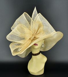 "✿*.Key Features: 100% high quality Sinamay woven material, wide brim with Jumbo bows. It's more beautiful in person! Light and comfortable! Great for Kentucky derby, weddings, Royal Ascot, horse races, cocktails, tea party, or any hat wearing occasion. Hat base size: From front to back appr: 20.5\" (52cm) From left to right appr: 21.25\" (54cm) Wide brim Appr: 7~8\" Head girth: 22.5\" (57cm) , adjustable string inside to make smaller to fit your head. If you want other colors in this style, jus Gold Brimmed Sun Hat For Kentucky Derby, Elegant Panama Hat With Curved Brim For Kentucky Derby, Elegant Curved Brim Panama Hat For Kentucky Derby, Elegant Panama Hat With Short Brim For Kentucky Derby, Elegant Short Brim Panama Hat For Kentucky Derby, Elegant Gold Panama Hat With Short Brim, Elegant Wide Brim Panama Hat In Beige, Elegant Fitted Cream Panama Hat, Elegant Beige Wide Brim Panama Hat