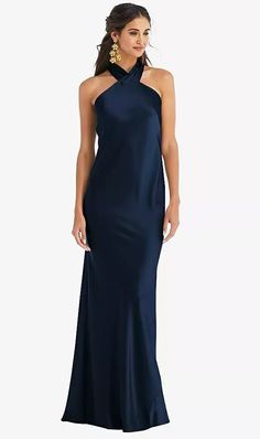 Draped Twist Halter Tie-back Trumpet Bridesmaid Dress In Midnight Navy | The Dessy Group Navy One Shoulder Dress, Satin Navy Dress, Hairstyle With Halter Dress Neckline, Navy Satin Bridesmaid Dress, Navy Blue Dress Outfit Wedding, Prom Dress Halter Neck, Black Tie Optional Dress, Navy Bridesmaids Dresses, Navy Blue Silk Dress