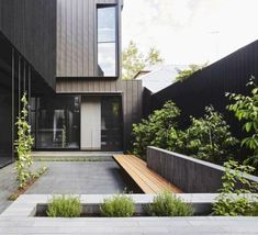 an outdoor courtyard with benches and plants in the foreground, surrounded by black cladding