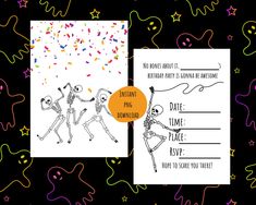 two skeleton themed birthday party cards with confetti sprinkles on them