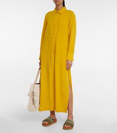 Linen shirt dress in yellow - Chloe | Mytheresa Chic Linen Button-up Dress For The Beach, Chic Button-up Linen Dress For The Beach, Chic Linen Shirt Dress For Vacation, Chic Button-up Linen Dress For Daywear, Chic Linen Shirt Dress For Day Out, Button-up Linen Beach Dress, Spring Linen Dress With Side Slits, Chic Oversized Linen Dress For Daywear, Linen Midi Dress With Side Slits