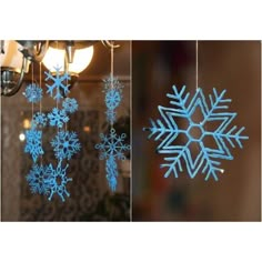 two pictures of snowflakes hanging from the ceiling, one is blue and the other is white