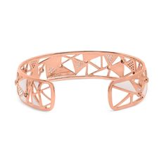 Wrapped with the opulence of 14K rose gold and studded with luminous white diamonds totaling 5/8 carats with a clarity of SI1-SI2 and G-H color, this 7-inch open cuff bangle is a masterpiece of design and distinction. The bangle dazzles with its unique pattern of elegantly open spaces and refined sections of pristine white enamel, creating a magnificent canvas that captures the eye and the imagination. Adorned with four radiant, lab-created pink tourmalines, color-treated to enhance their vivid Bangle With Diamonds, Cuff Design, Versatile Jewelry, Gold Cuffs, Open Spaces, Open Design, Rose Gold Diamonds, Cuff Bangles, White Enamel