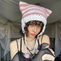 Y2K Striped Cat Ear Beanie Hat available in several colors Ninjago Outfits, Beanie Ideas, Crochet Cat Beanie, Dark Academia Preppy, Crochet Adult Hat, Cat Ear Beanie, Ear Beanie, Diy Kandi Bracelets, Cat Ears Hat