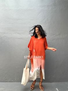 Flowy V-neck Kaftan For Day Out, Orange V-neck Maxi Dress For Beach, Summer V-neck Kaftan For Beach Season, Orange V-neck Summer Beach Dress, Summer V-neck Kaftan For Beach Cover-up, Flowy V-neck Summer Kaftan, Orange V-neck Maxi Dress For Beach Cover-up, Orange Free Size V-neck Maxi Dress, Free Size V-neck Maxi Dress For Beachwear