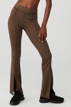 Jacquard High-Waist Glenplaid Flutter Legging - Cinnamon Brown/Black | Alo Yoga Lizzie Mcguire Movie, Boss Brand, Holiday Knits, High Neck Bra, Cinnamon Brown, Lizzie Mcguire, Back Women, Black Xs, Bra Top