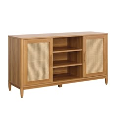 the sideboard is made out of wood and has wicker panels on the doors