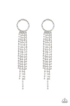 Paparazzi Accessories- Endless Sheen - White  Earrings Item #P5PO-WTXX-238XX   Infused with sleek silver fittings, strands of glittery white rhinestones cascade from the bottom of a white rhinestone encrusted hoop, creating an elegantly tapered fringe. Earring attaches to a standard post fitting.   Sold as one pair of post earrings. Tapered Fringe, Fringe Earring, Silver Chain Earrings, Pink Jewels, Paparazzi Accessories, White Rhinestone, Paparazzi Jewelry, White Earrings, Fringe Earrings