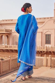 Electric blue kurta featuring dori embroidered floral patterned yoke. Paired with a matching pant and dupatta, crafted from Chanderi and Organza silk., Fit: Relaxed Blue Kurta, Kurta Pant Set, Women Kurta, Straight Kurta, Kurta With Pants, Silk Organza, Embroidered Silk, Pant Set, Set For Women