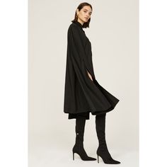 Black wool blend (54% Polyester, 44% Wool, 2% Elasthane). Shirt Dress. Long sleeves. Collar. Front button closure. 39" from shoulder to hemline. Imported. Black A-line Outerwear For Work, Wool Long Sleeve Midi Dress For Fall, Fall Long Sleeve Wool Midi Dress, Fall Wool Midi Dress With Long Sleeves, Wool Midi Dress With Long Sleeves For Fall, Wool Long Sleeve Midi Dress For Spring, Tailored Long Sleeve Fall Dresses, Winter Workwear Knee-length Midi Dress, Chic Wool Midi Dress With Long Sleeves