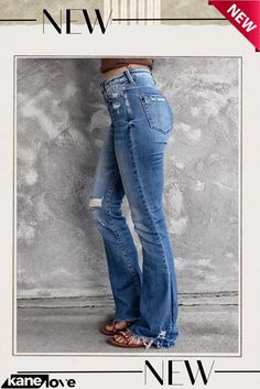 Women Spring Mid Waist Ripped Jeans Pants High-waist Flare Jeans With Zipper Closure For Fall, High Rise Non-stretch Bottoms With Zipper Closure, Trendy Straight Leg Bottoms With Zipper Closure, Ripped Wide Leg Bottoms For Fall, Stretch Wide Leg Distressed Pants, Wide Leg Stretch Distressed Pants, Distressed Stretch Wide Leg Pants, Trendy High Rise Bottoms With Zip Fly, Fitted Distressed Pants For Fall