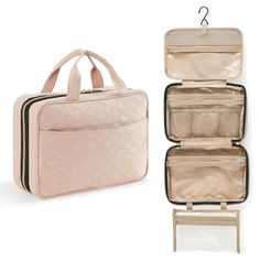 two pieces of pink luggage sitting next to each other on top of a white surface