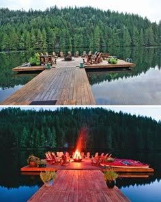 two pictures of a dock and fire pit