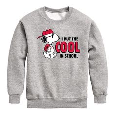 Your student will love this Boys 8-20 Peanuts Snoopy I Put The Cool In School Graphic Sweatshirt. Your student will love this Boys 8-20 Peanuts Snoopy I Put The Cool In School Graphic Sweatshirt. FEATURES Crewneck Long sleevesFABRIC & CARE Solid colors: cotton, Heather: cotton, polyester Machine wash Imported Size: Small. Color: Med Grey. Gender: male. Age Group: kids. Material: Cotton Blend. Peanuts Dance, Embellished Sweatshirts, Toddler Hoodie, Top Graphic Tees, Toddler Boy Outfits, How To Show Love, Fleece Hoodie, Tee Shop, Teacher Shirts