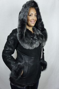 Black 100% Sheepskin Shearling Leather Lambskin Toscana Hood Coat Jacket XS-5XL Fitted Sheepskin Outerwear With Faux Fur Lining, Fitted Sheepskin Outerwear For Cold Weather, Fitted Hooded Leather Jacket For Cold Weather, Hooded Sheepskin Winter Outerwear, Sheepskin Hooded Outerwear With Faux Fur Trim, Hooded Sheepskin Outerwear With Faux Fur Trim, Fall Sheepskin Outerwear With Detachable Hood, Hooded Outerwear With Faux Fur Trim In Sheepskin, Hooded Outerwear With Faux Fur Trim And Sheepskin