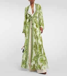 Spring Maxi Length Georgette Kaftan, Spring Bohemian Georgette Kaftan, Bohemian Georgette Kaftan For Spring, Elegant Georgette Maxi Dress For Beach, Chic Printed Beach Dress Cover-up, Chic Printed Beach Dress For Cover-up, Chic Printed Beach Dress, Spring Beach Maxi Dress In Georgette, Chic Silk Kaftan For Beach Cover-up