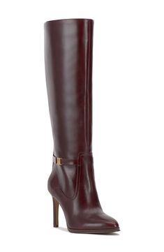 Brushed logo hardware and rich leather distinguish a knee-high boot balanced by an almond toe and tapered heel. 3 1/2" heel 15 1/4" shaft; 16" calf circumference. Wide calf Side zip closure with elastic gore inset Leather upper/synthetic lining and sole Imported Knee High Block Heel Boots, Brown Wide Calf Knee High Boots, Calf High Boots Outfit, Women’s Boots, Fall Thrifting, Espresso Girl, Burgundy Knee High Boots, 2024 Shoes, Calf High Boots