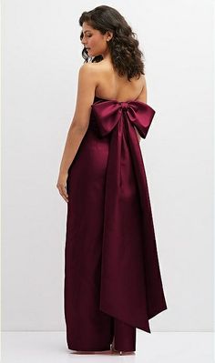 Strapless Draped Bodice Column Bridesmaid Dress With Oversized Bow In Cabernet | The Dessy Group Cabernet Dress, Elegant Wedding Party, Twill Dress, Draped Bodice, Dress Back, Peach Wedding, Column Dress, Stretch Satin, 18th Birthday