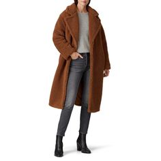 Brown faux shearling (100% Acrylic). Coat. Long sleeves. Exposed front button down closure. Fully lined. Pockets. 45" from shoulder to hemline. Imported. Single-breasted Brown Wool Coat For Fall, Brown Single-breasted Wool Coat For Winter, Brown Single-breasted Long Sleeve Sweater Coat, Brown Single-breasted Wool Coat, Brown Plush-lined Outerwear For Cold Weather, Teddy Coat, Bb Dakota, Rent The Runway, Closet Designs