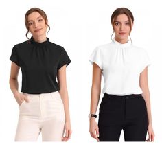 Relaxed Fit in a formal and classic design, this urban casual work blouse adds to your choice for the upcoming seasons. The timeless design and the soft lightweight material, perfectly make you outstanding and charming in the office. Pair it with the pants, jeans, or skirts and basic high heels for many occasions. It can build an urban chic business lady look. Classic Formal Stretch Tops, Casual Padded Blouse For Office, Classic Stretch Tops For Business Casual, Elegant Plain Formal Tops, Elegant Formal Plain Tops, Elegant Plain Tops For Formal Occasions, Casual Plain Office Blouse, Formal Short Sleeve Padded Blouse, Formal Padded Short Sleeve Blouse