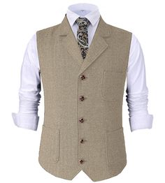 Beige Tweed Jacket With Notch Lapel And Pockets, Single-breasted Tweed Button-up Outerwear, Semi-formal Button Vest For Fall, Business Vest With Buttons For Fall, Winter Tweed Vest With Pockets, Beige Single-breasted Tweed Jacket With Suit Collar, Casual Beige Tweed Jacket With Pockets, Casual Beige Single-breasted Tweed Jacket, Wool Business Vest With Button Closure