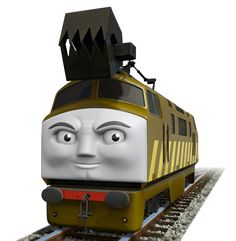 a cartoon train with eyes and nose is on the tracks