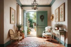 an open door leading into a room with a chair and potted plant on the floor