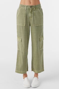 O'Neill Girl's pull-on woven pant 22'' Inseam Length, 10'' Rise Length Encased Elastic Waist Cargo Pockets Slash Pockets at Hip 100% Viscose Crinkle | O'Neill Girl's Summer Cargo Pants in Oil Green, Size XL, Viscose Green Full Length Jeans For Summer, Summer Utility Khaki Bottoms, Green Summer Bottoms With Pockets, Summer Casual Wide Leg Cargo Pants, Green Casual Bottoms, Casual Green Bottoms, Wide Leg Khaki Cargo Pants For Summer, Summer Casual Cargo Pants, Green Pants With Side Pockets For Spring