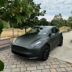 a grey tesla car parked in front of a park bench and tree lined area with benches