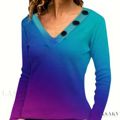 Lasaky - Chic Leopard Print Colorblock V-Neck Long Sleeve T-Shirt for Women, Perfect for Spring and Fall Wardrobe Blue Color Block V-neck Top, Fall Care, Long Sleeve Tops Casual, T Shirt For Women, Spring And Fall, Fall Wardrobe, Color Blocking, Collar Style, V Neck T Shirt