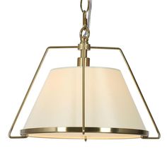 a light fixture with a white shade hanging from it's center point on an isolated metal frame