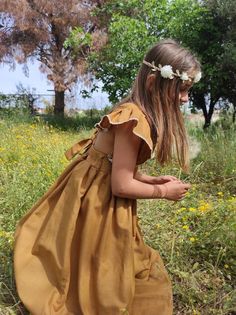 Mustard linen dress Cottagecore Ruffled Summer Dresses, Cottagecore Ruffle Beach Dress, Cottagecore Ruffled Beach Dresses, Cottagecore Beach Dress With Ruffles, Vintage Linen Summer Dress, Summer Garden Party Dress With Butterfly Sleeves, Bohemian Linen Dress With Ruffles, Summer Garden Party Dress With Ruffle Sleeves, Bohemian Flutter Sleeve Dress For Garden Party