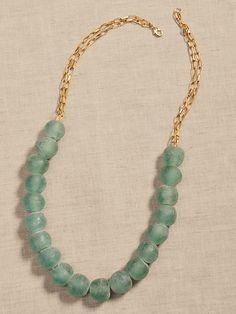 Saw this on Banana Republic: Elegant Beach Jewelry With Gemstone Beads, Bohemian Glass Jewelry With Single Strand, Bohemian Single Strand Glass Jewelry, Bohemian Glass Single Strand Jewelry, Elegant Recycled Glass Jewelry As Gift, Elegant Recycled Glass Jewelry Gift, Recycled Glass Gemstone Beads Jewelry, Recycled Glass Gemstone Beads, Artisan Beaded Chain Jewelry For Beach