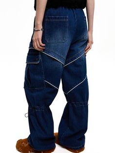 This is a casual and denim cargo pants that is made out of high quality cotton 100% fabric. With design detail of bio and sand washed vintage denim fabric and relaxed silhouette with elastic waistband, it gives a comfortable and trendy mood.- Adjustable string and stopper on the knee and hem- Leather piping and rivets detail- Double stitches for high durability- Bio and sand washed fabric Utility Jeans With Cargo Pockets In Recycled Denim, Utility Style Recycled Denim Cargo Jeans, High Waist Denim Cargo Jeans With Contrast Stitching, High Rise Cargo Jeans With Recycled Denim, Casual Cotton Cargo Jeans With Contrast Stitching, Utility Style Dark Wash Recycled Denim Cargo Jeans, Utility Style Rigid Denim Cargo Pants In Denim Blue, Utility Cargo Pants In Denim Blue, Baggy Utility Cargo Jeans In Denim