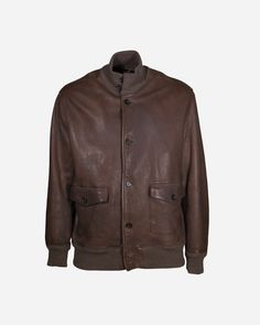 Stewart, New Orleans jacket. Bomber model, made of 100% brown leather. Lining in 100% cotton, inside sleeve in 100% viscose and padding in 100% polyester. Two patch pockets with flap and button, knitted collar, hem and cuffs. Front button closure. Size XL. SHOULDER: 19,11 NCH BUST: 23,01 INCH SLEEVE: 24,96 INCH LENGTH: 29,25 INCH NOTE: Our company has a specialization in selling vintage and second-hand clothing and accessories. All the garments are carefully selected and offered for sale in exce Rugged Brown Outerwear With Padded Collar, Rugged Brown Leather Jacket For Winter, Brown Stand Collar Outerwear For Work, Classic Brown Biker Jacket With Button Closure, Brown Leather Jacket With Pockets For Winter, Winter Brown Leather Jacket With Pockets, Casual Collared Brown Biker Jacket, Brown Collared Outerwear With Button Closure, Brown Leather Biker Jacket With Stand Collar