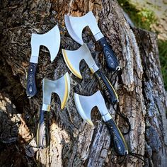 three different types of knives stuck in a tree