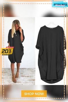 Women's Casual Loose Pocket Long-sleeved Plus-size Dress Spring Crew Neck Dress With Pockets, Casual Half Sleeve Solid Color Dress, Summer Dresses With Pockets And Crew Neck, Casual Oversized Half-sleeve Dress, Casual Oversized Half Sleeve Dress, Oversized Half Sleeve Casual Dress, Casual Solid Color Midi Dress With Half Sleeves, Casual Shift Dress With 3/4 Sleeves, Casual Half Sleeve Midi Dress In Color